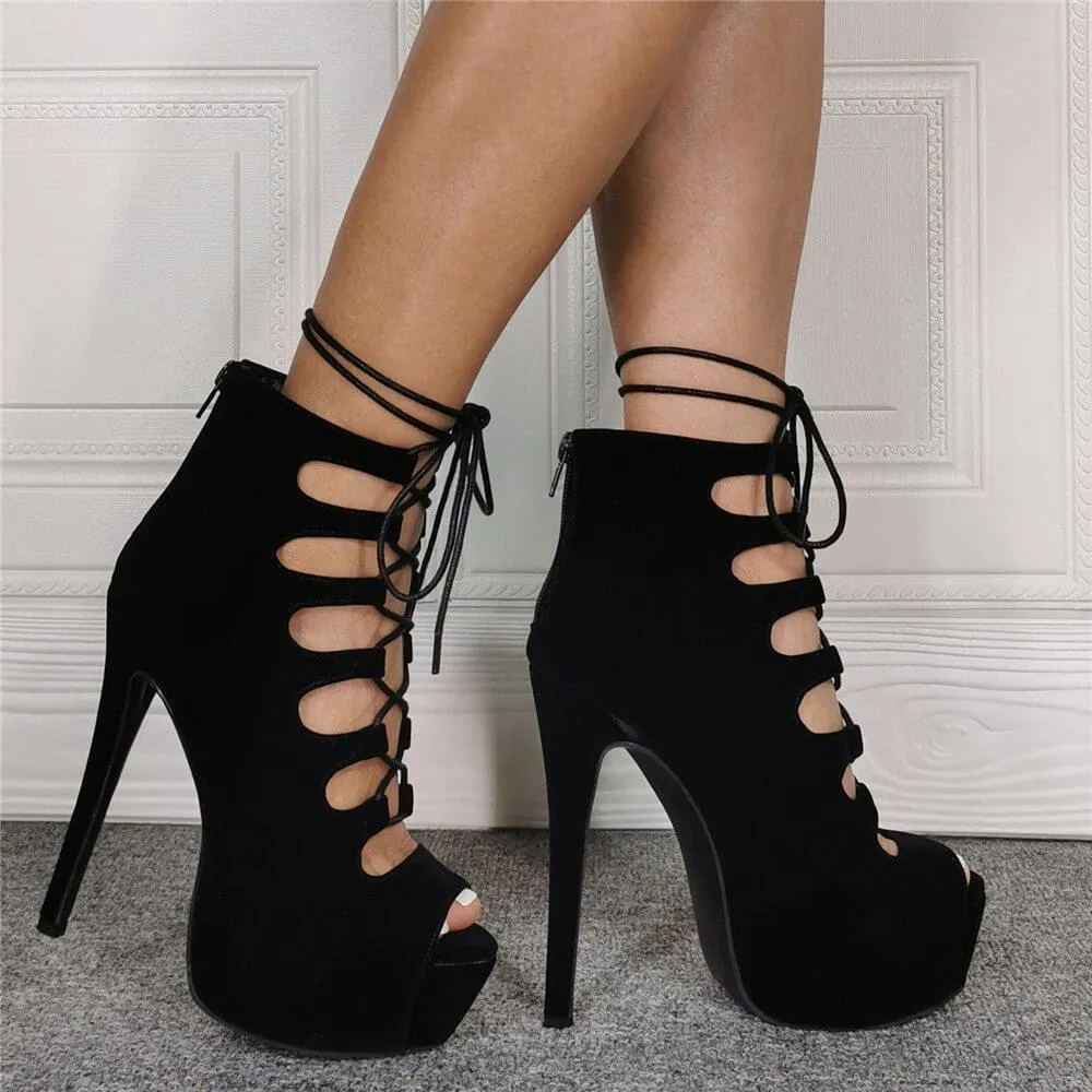 Black Peep Toe Ankle Strap Suede High Heel Sandals