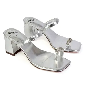 Daiquiri Double Strap Square Toe Ring Block Heel Sandals in Silver