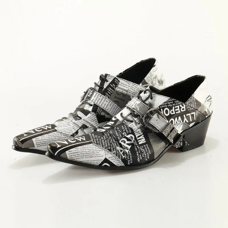 Hollywood Newsprint Cowhide Leather Pointed-Toe Oxfords for Men
