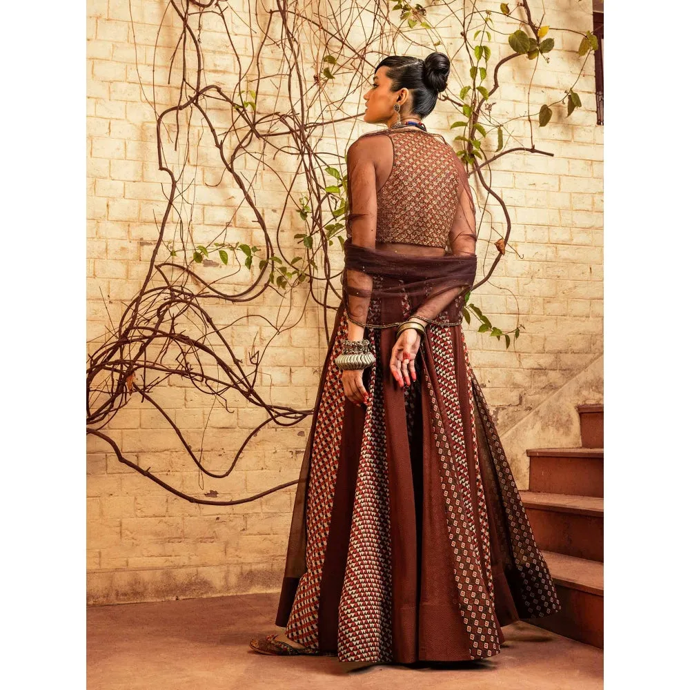 Nadima Saqib Brown Printed and Embroidered Skirt (Set of 3)