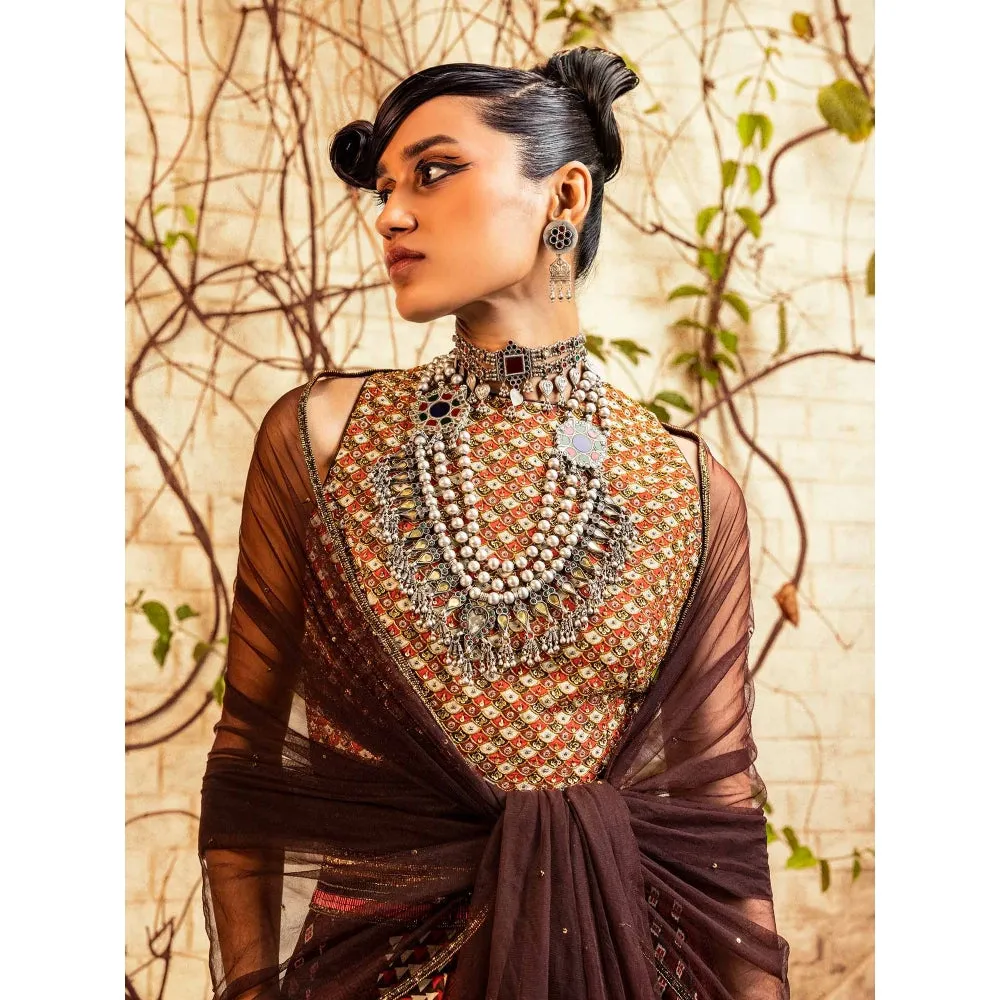 Nadima Saqib Brown Printed and Embroidered Skirt (Set of 3)