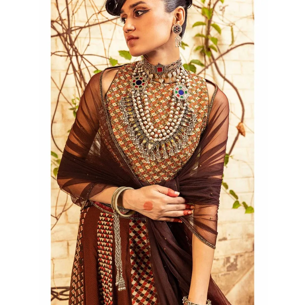 Nadima Saqib Brown Printed and Embroidered Skirt (Set of 3)