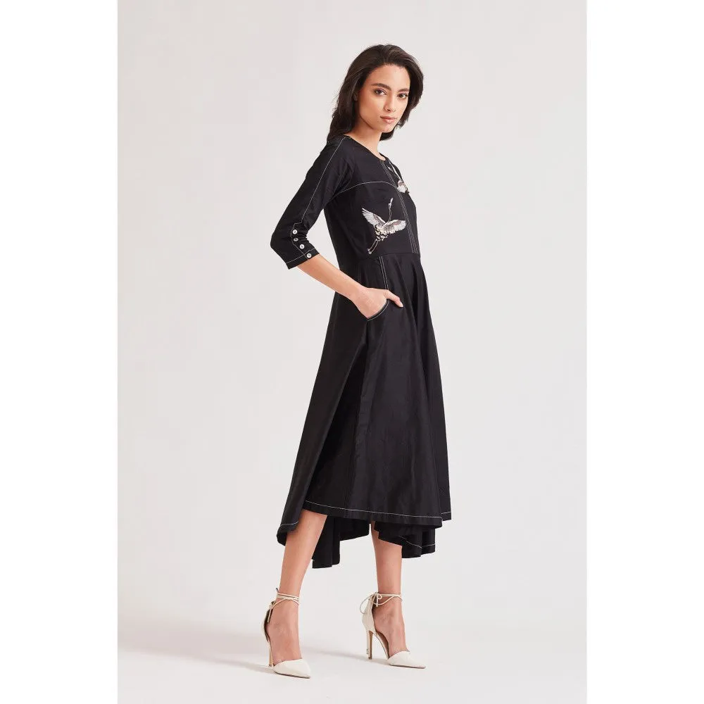 Our Love Wings Black Dress With 3D Embroidered Bird