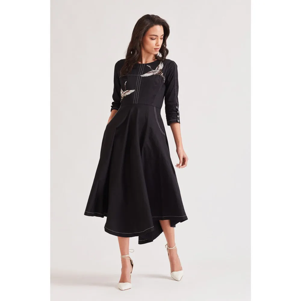 Our Love Wings Black Dress With 3D Embroidered Bird