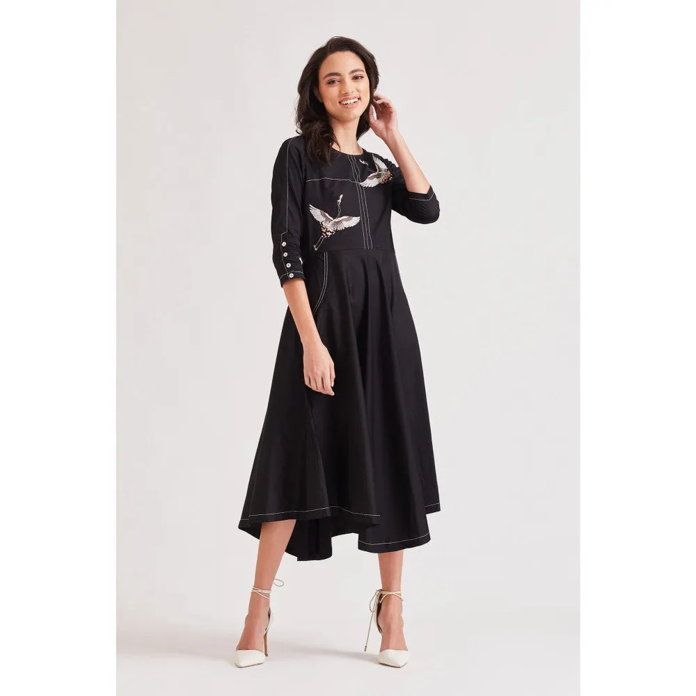 Our Love Wings Black Dress With 3D Embroidered Bird