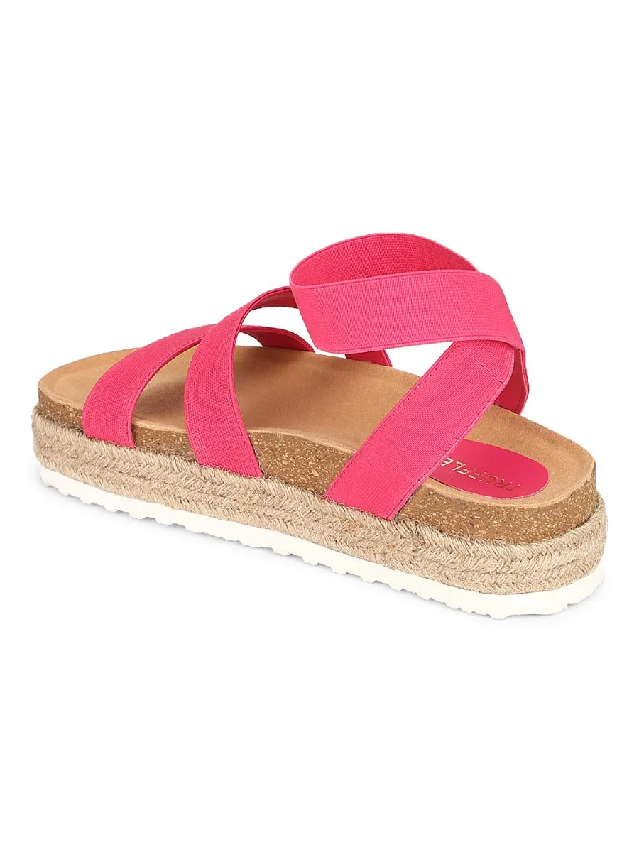 Pink PU Platform Wedges With Back Strap Espadrilles Sandals