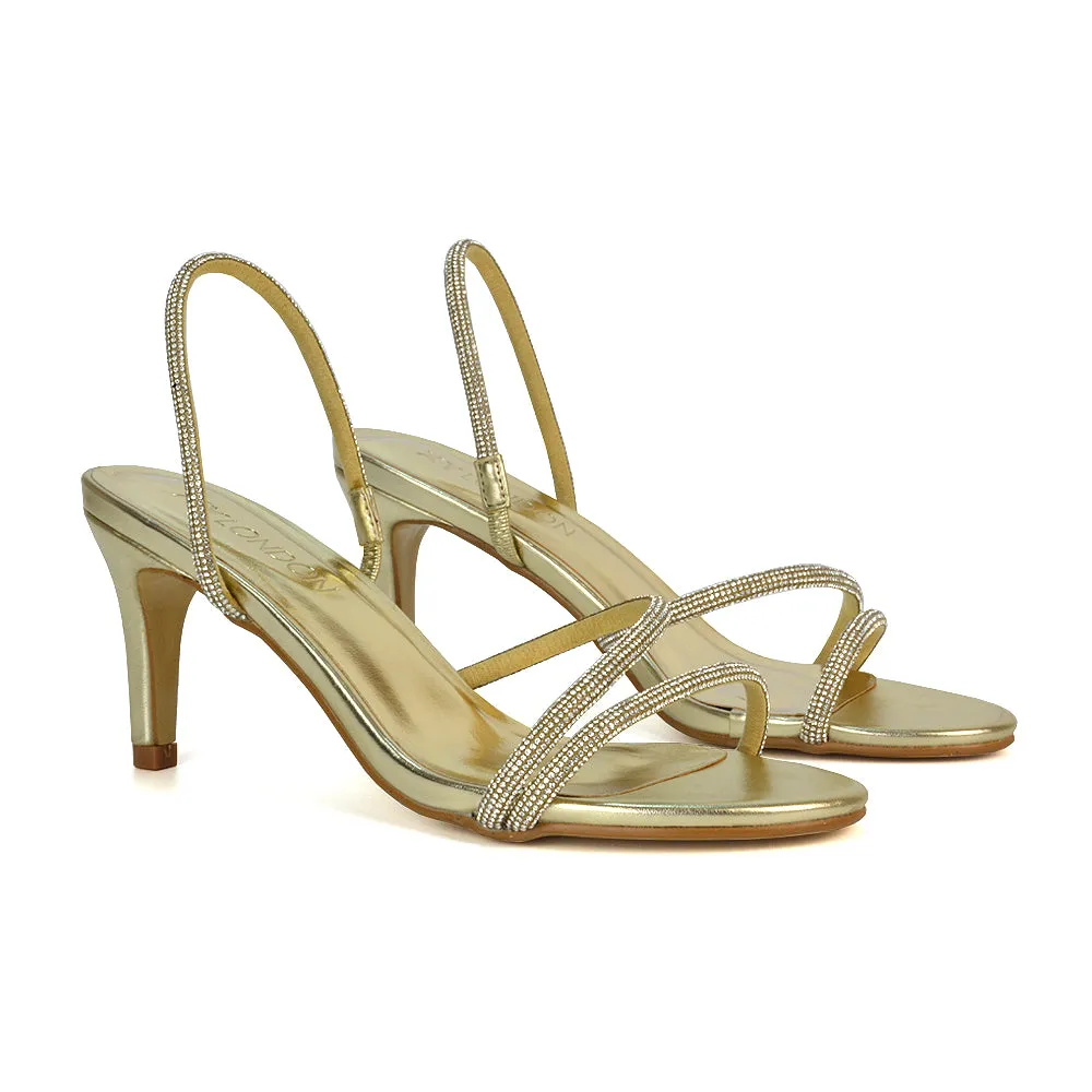 Polly Slingback Strappy Diamante Stiletto High Heel Sandals in Silver Metallic