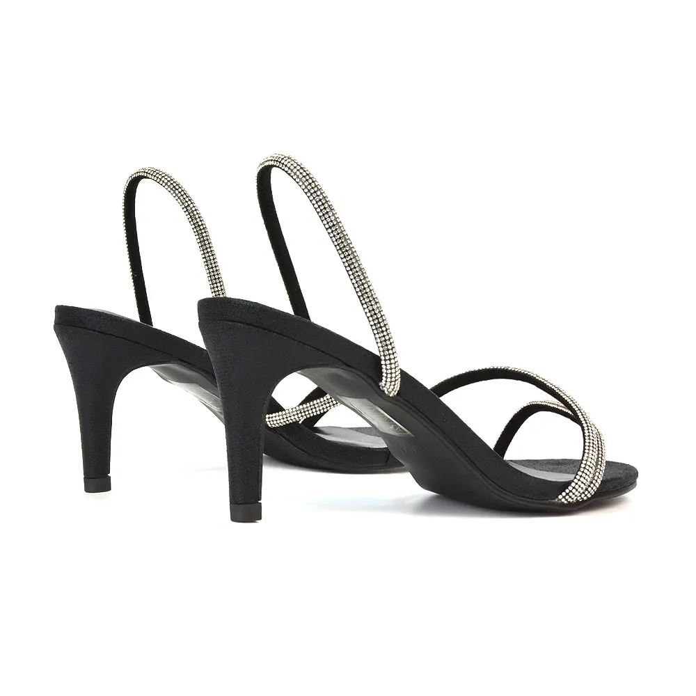 Polly Slingback Strappy Diamante Stiletto High Heel Sandals in Silver Metallic