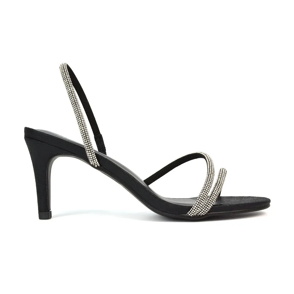 Polly Slingback Strappy Diamante Stiletto High Heel Sandals in Silver Metallic