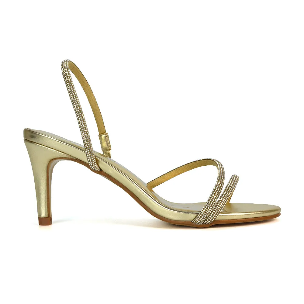 Polly Slingback Strappy Diamante Stiletto High Heel Sandals in Silver Metallic