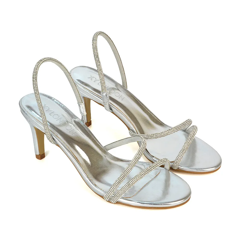 Polly Slingback Strappy Diamante Stiletto High Heel Sandals in Silver Metallic