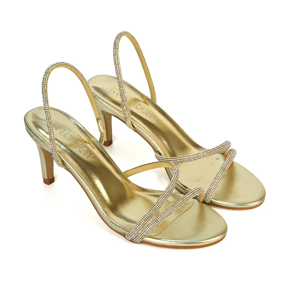 Polly Slingback Strappy Diamante Stiletto High Heel Sandals in Silver Metallic