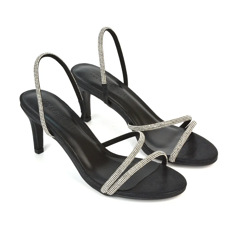 Polly Slingback Strappy Diamante Stiletto High Heel Sandals in Silver Metallic