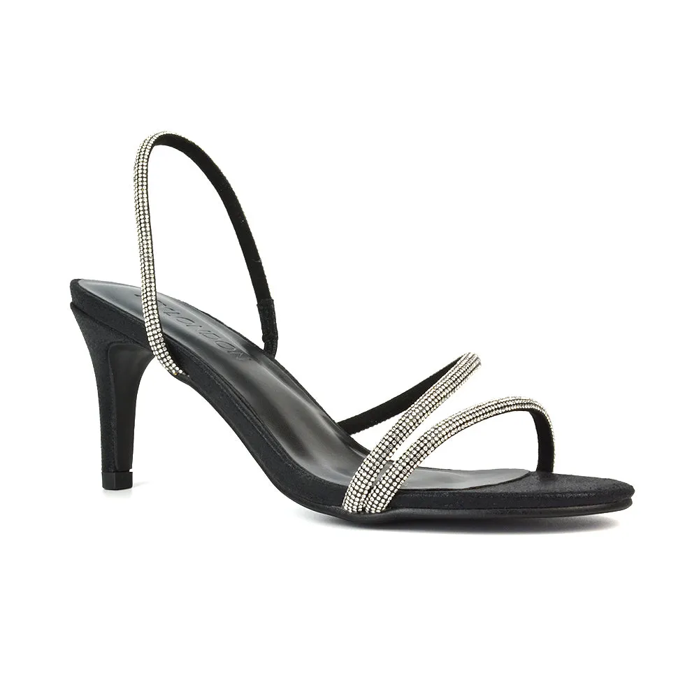 Polly Slingback Strappy Diamante Stiletto High Heel Sandals in Silver Metallic