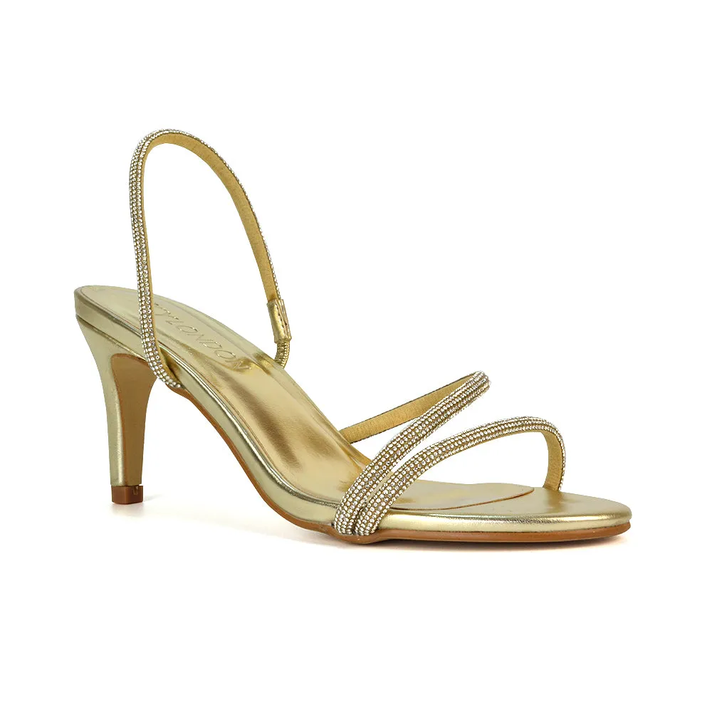 Polly Slingback Strappy Diamante Stiletto High Heel Sandals in Silver Metallic