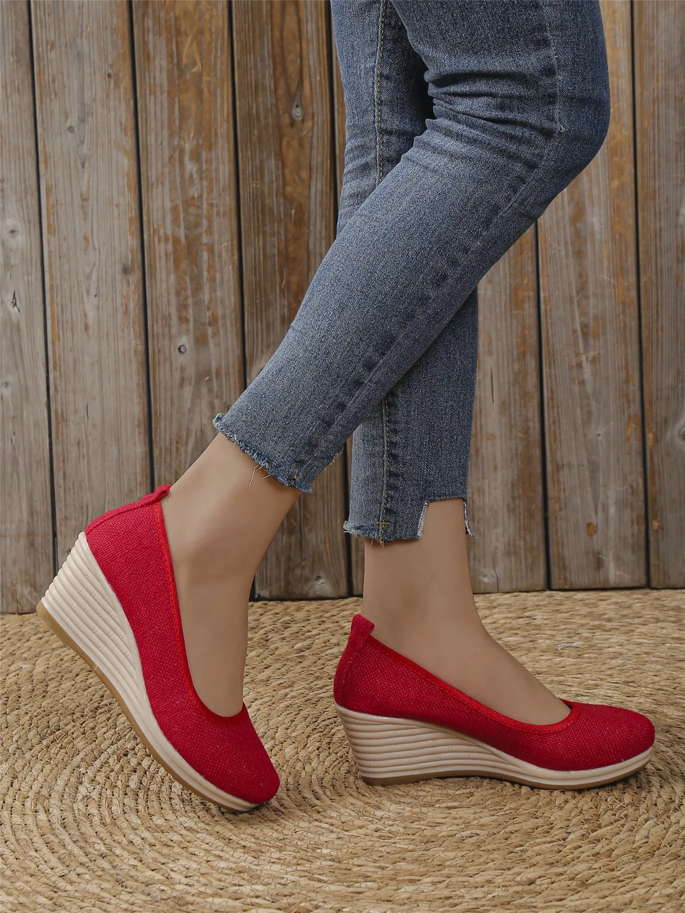Vacation Blue Linen Court Wedges