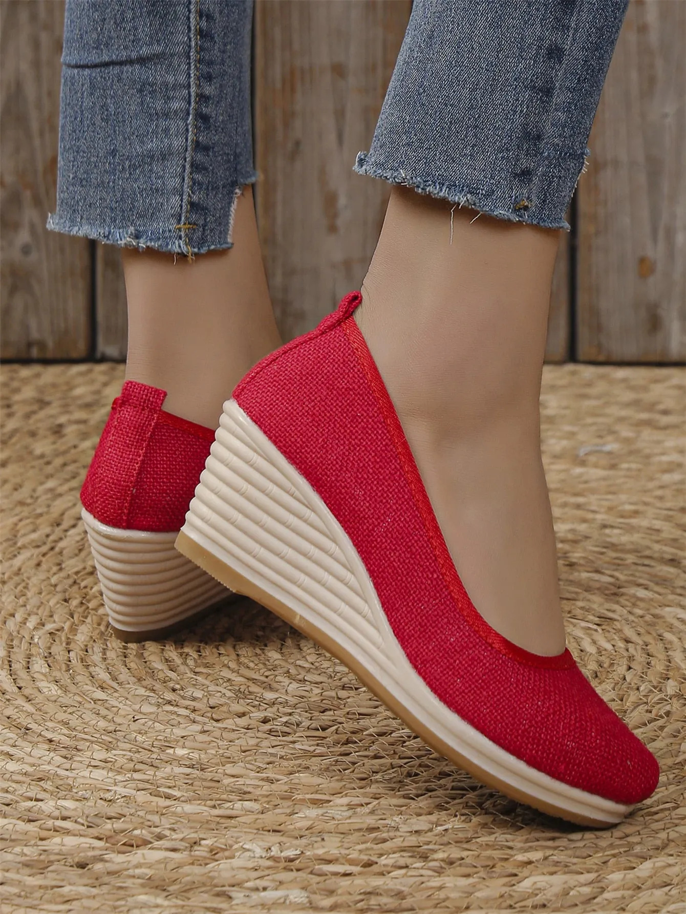 Vacation Blue Linen Court Wedges