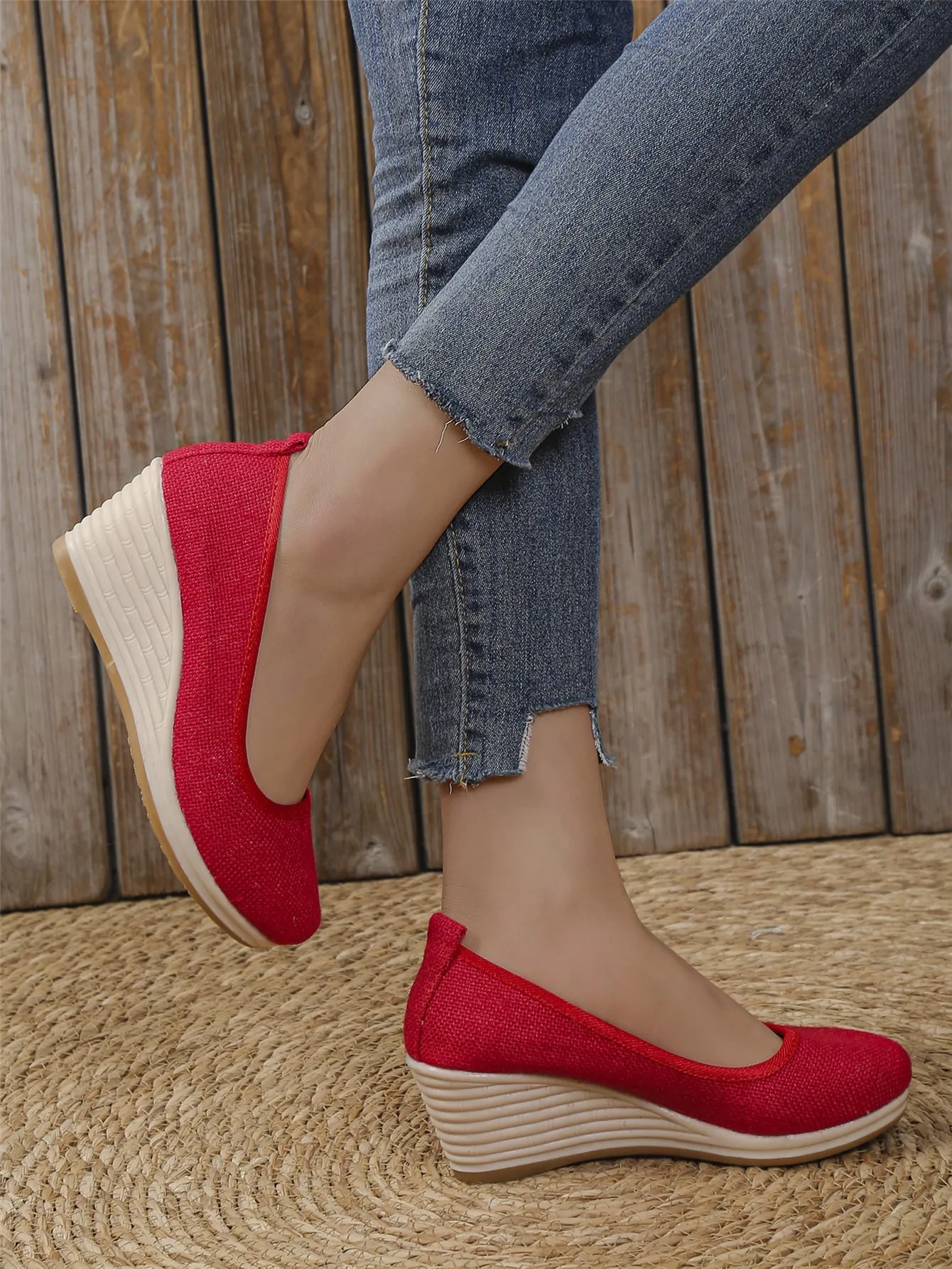 Vacation Blue Linen Court Wedges
