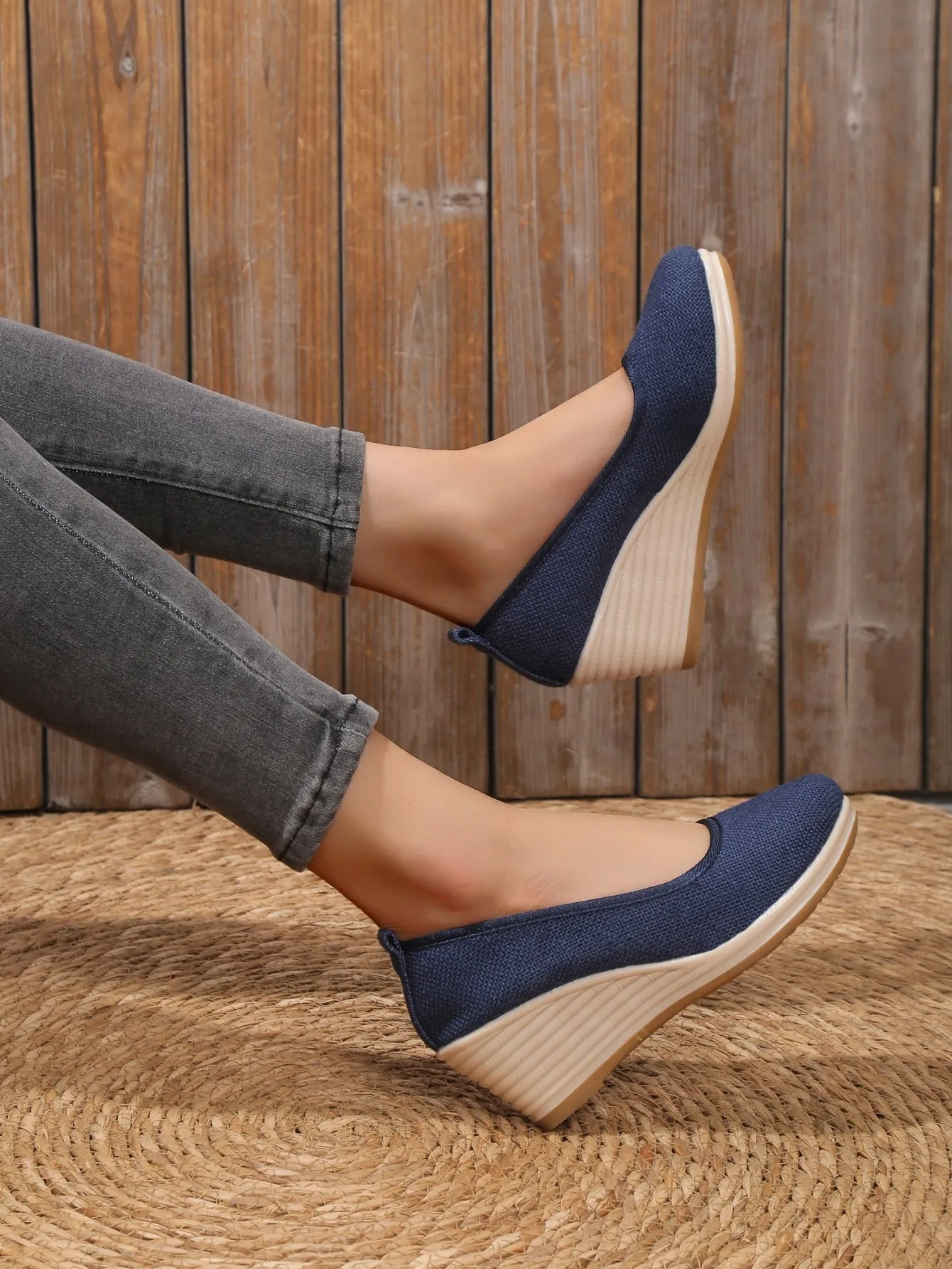 Vacation Blue Linen Court Wedges