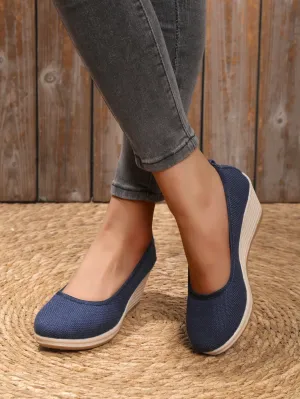 Vacation Blue Linen Court Wedges