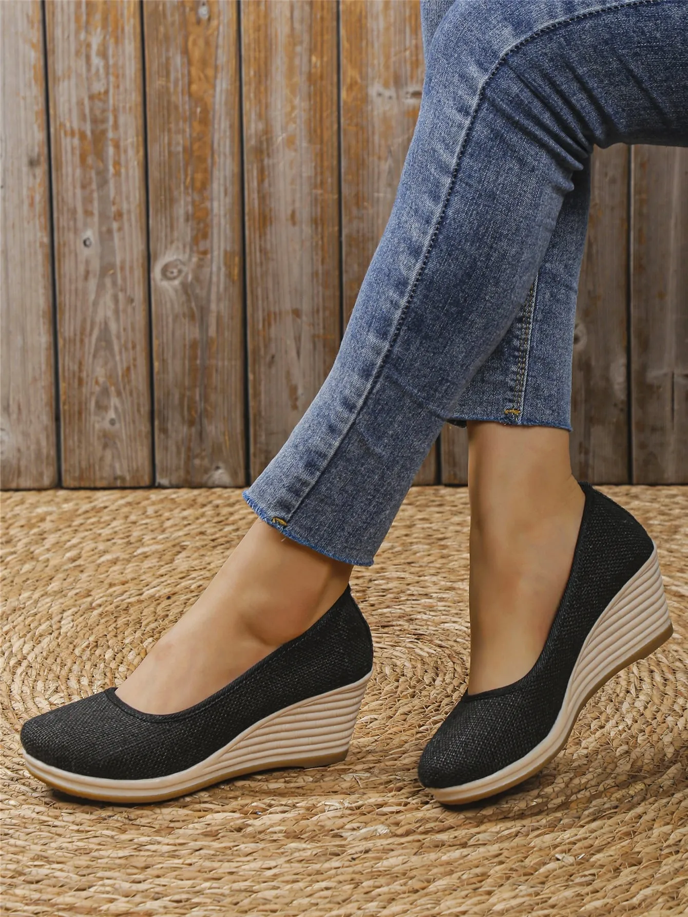 Vacation Blue Linen Court Wedges