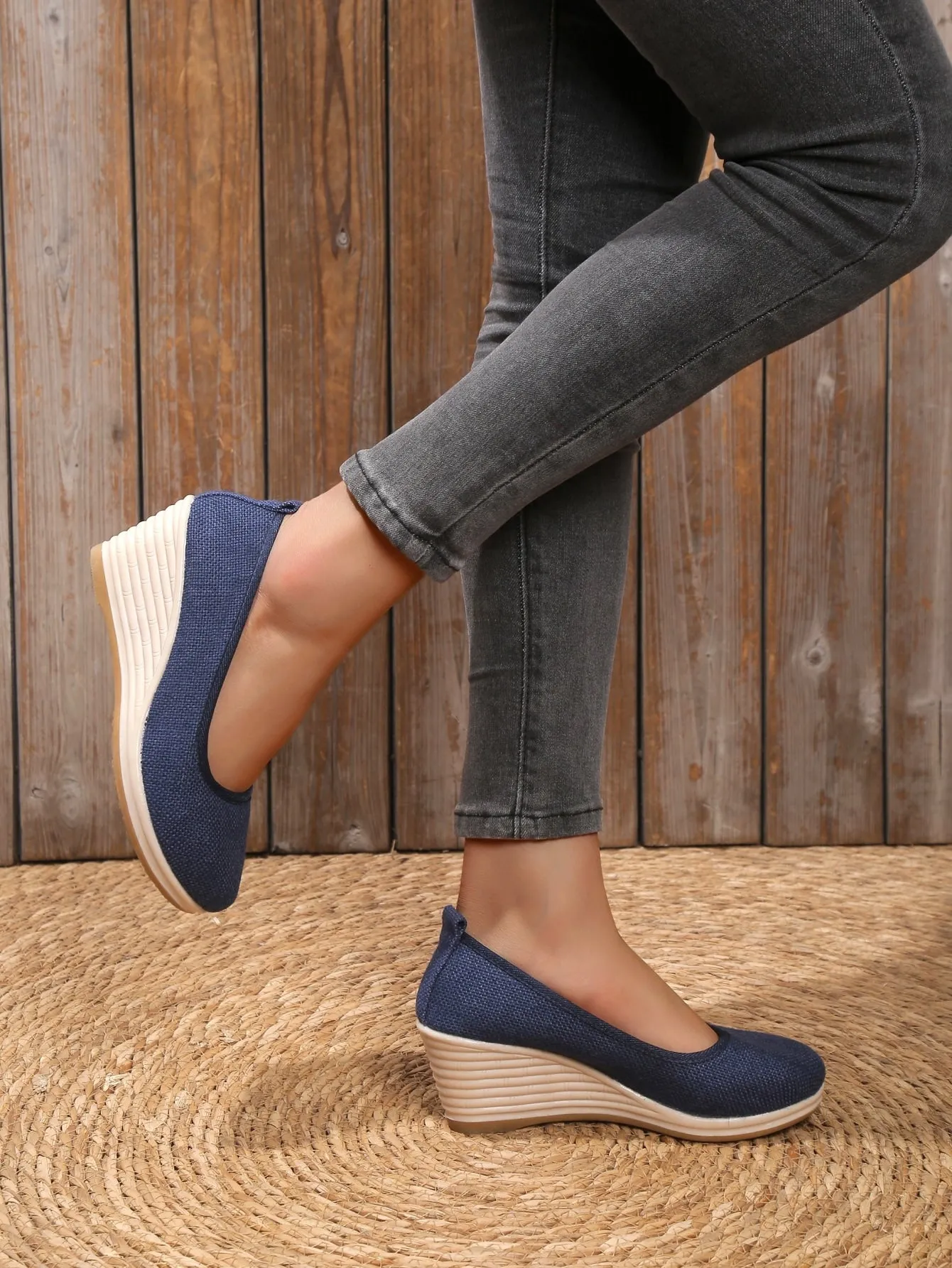 Vacation Blue Linen Court Wedges