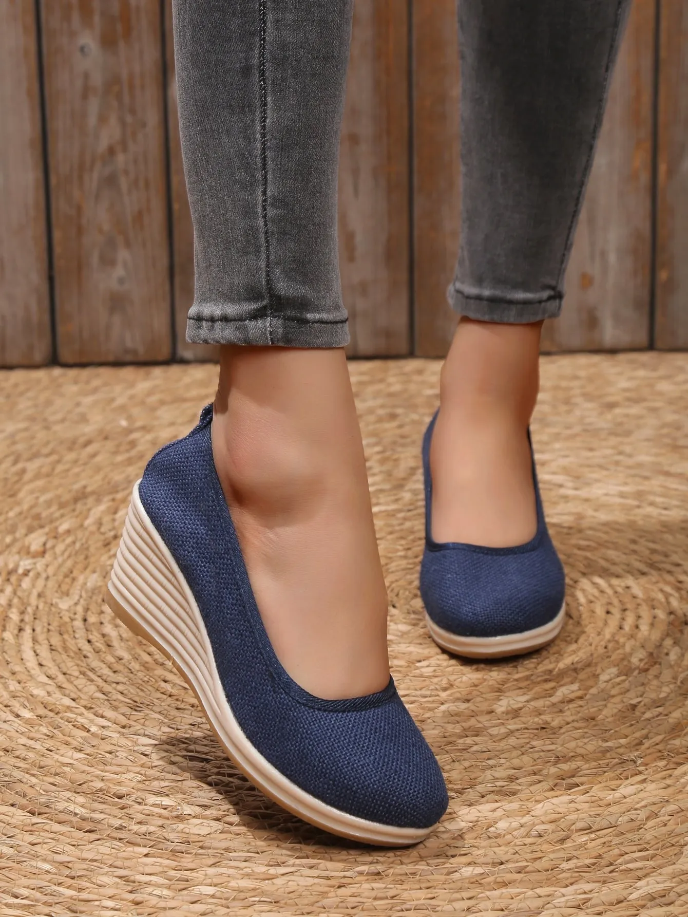 Vacation Blue Linen Court Wedges