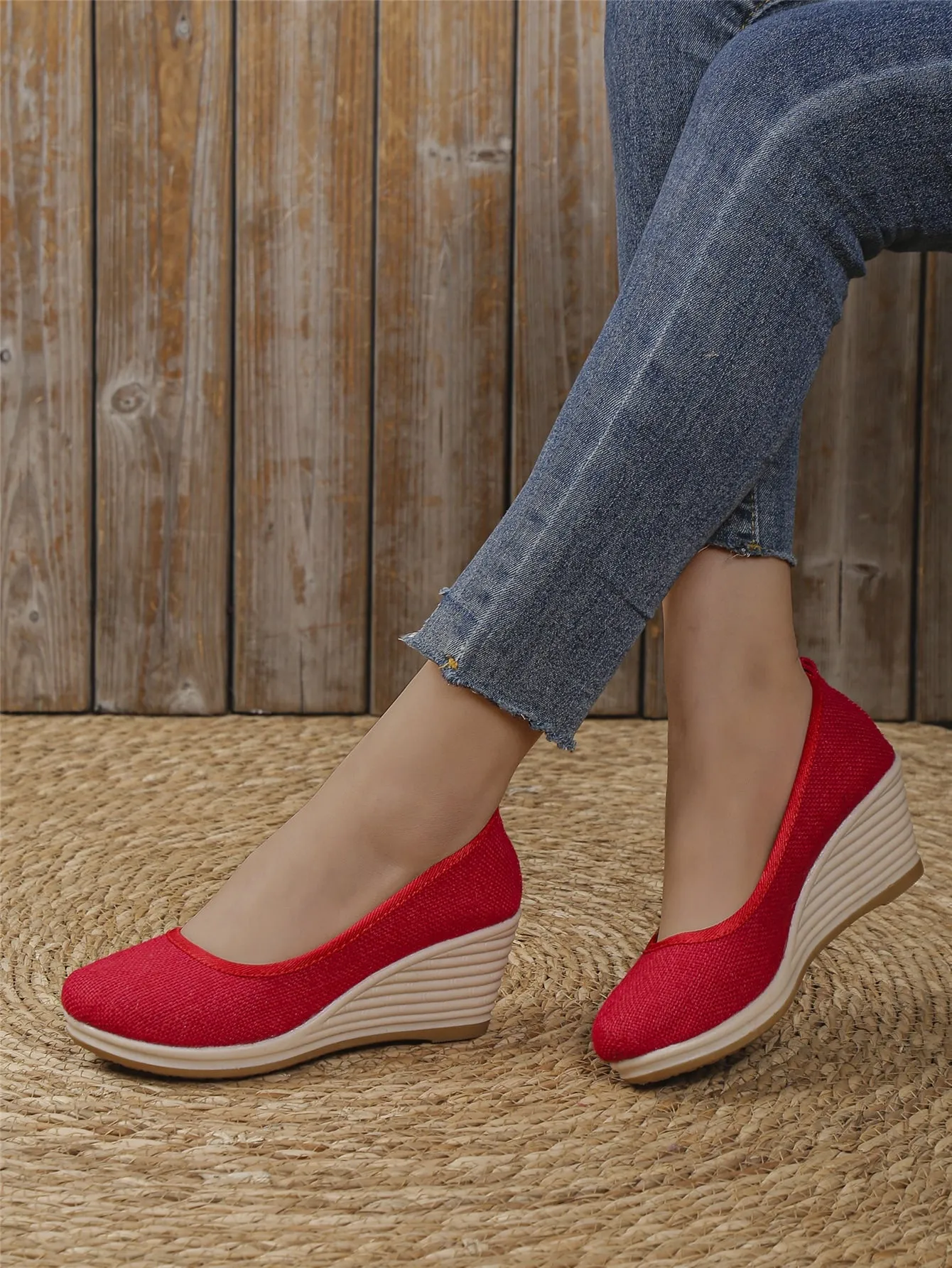 Vacation Blue Linen Court Wedges