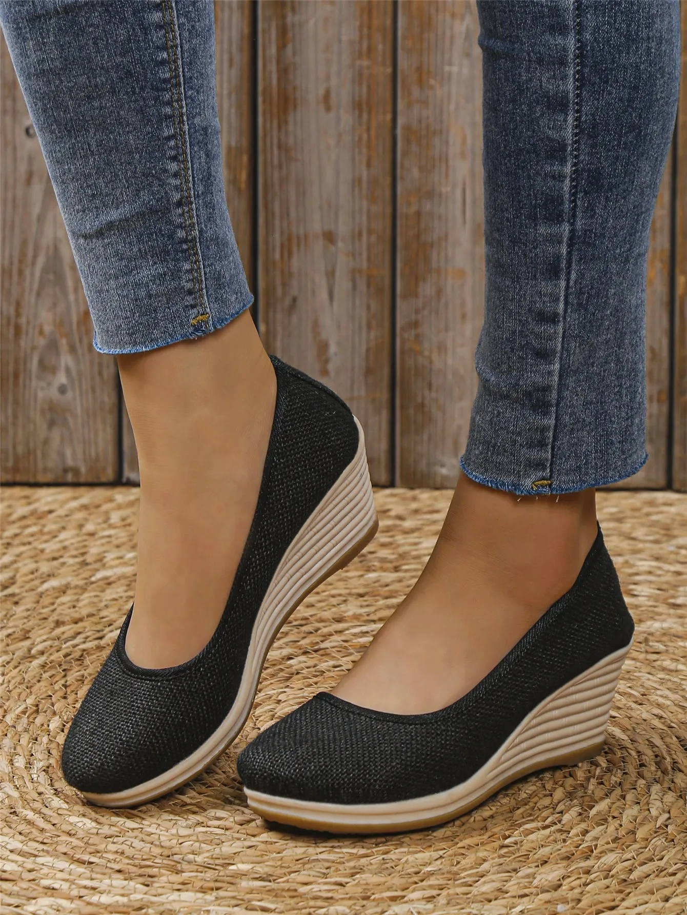 Vacation Blue Linen Court Wedges