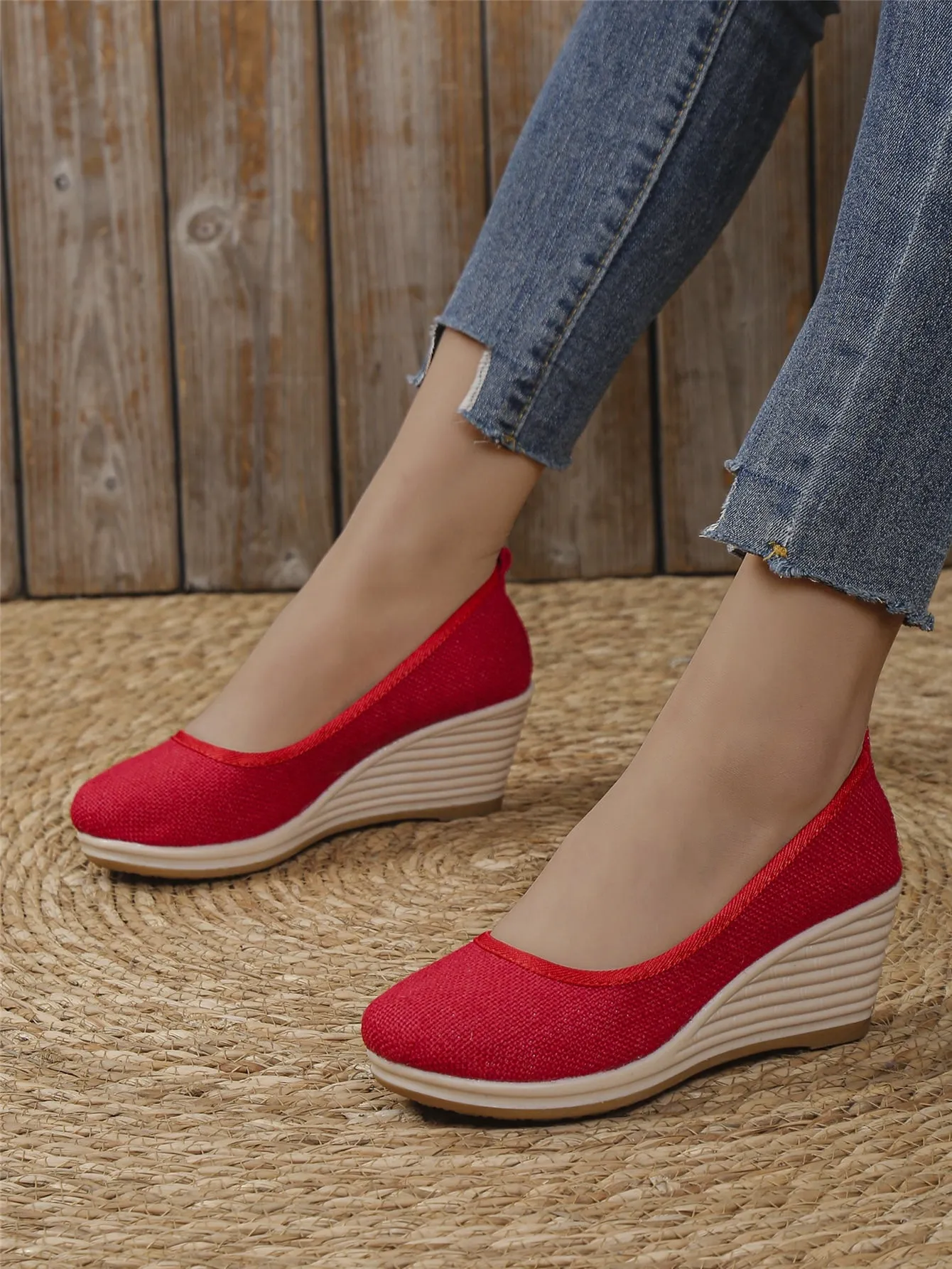 Vacation Blue Linen Court Wedges