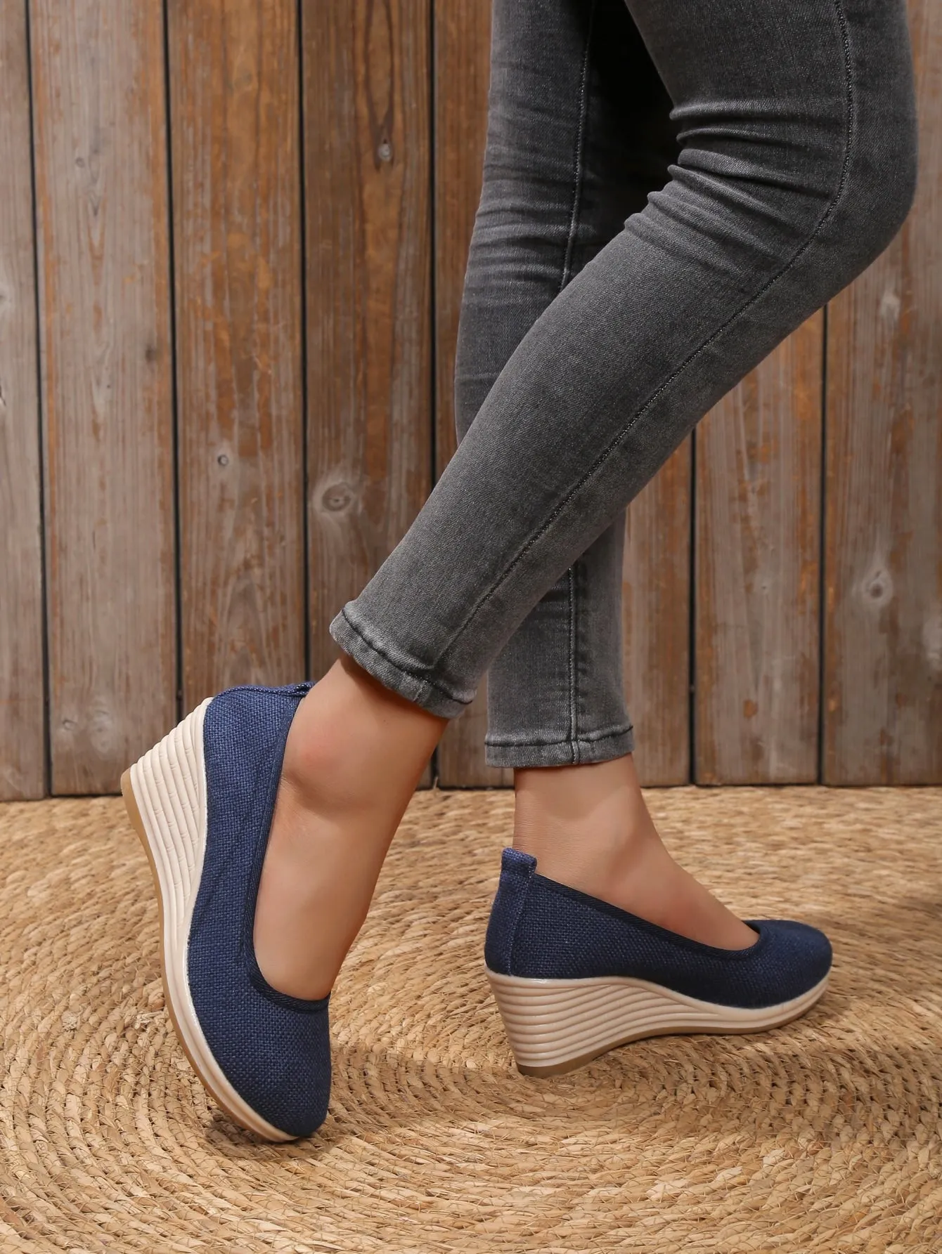 Vacation Blue Linen Court Wedges