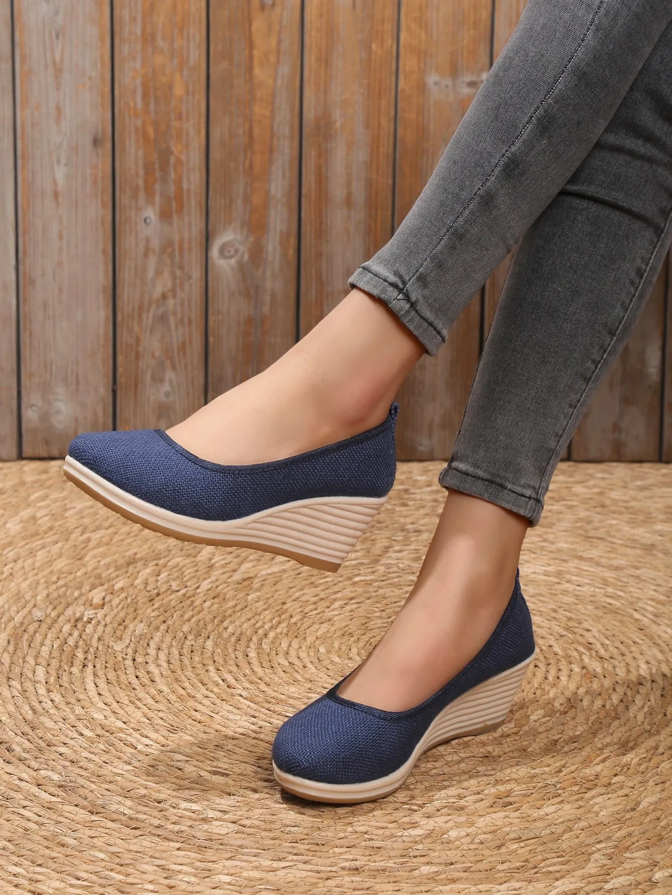 Vacation Blue Linen Court Wedges