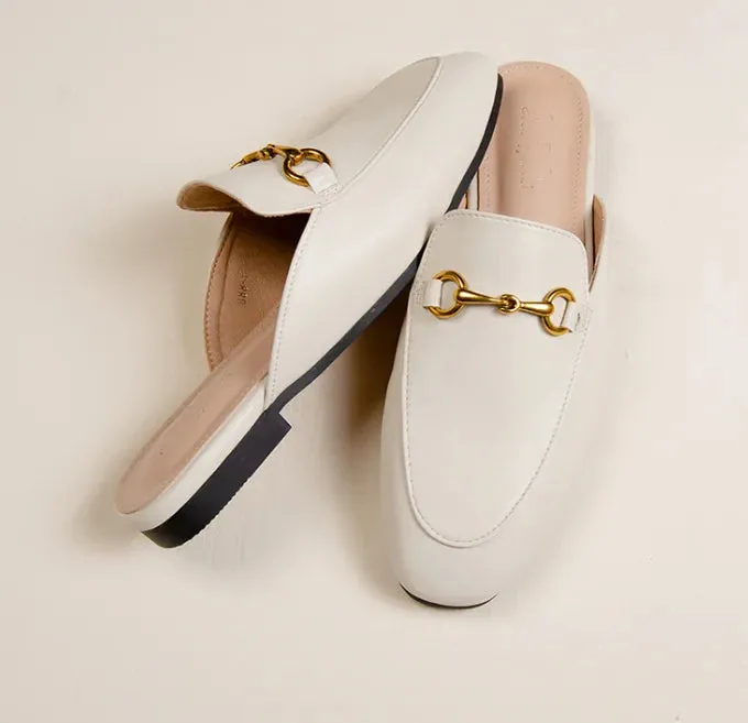 Women's British And European Style Mules Closed Toe Metal Chain Slippers Flat Outdoor Shoes In Brown White Black Round Toe 44 35