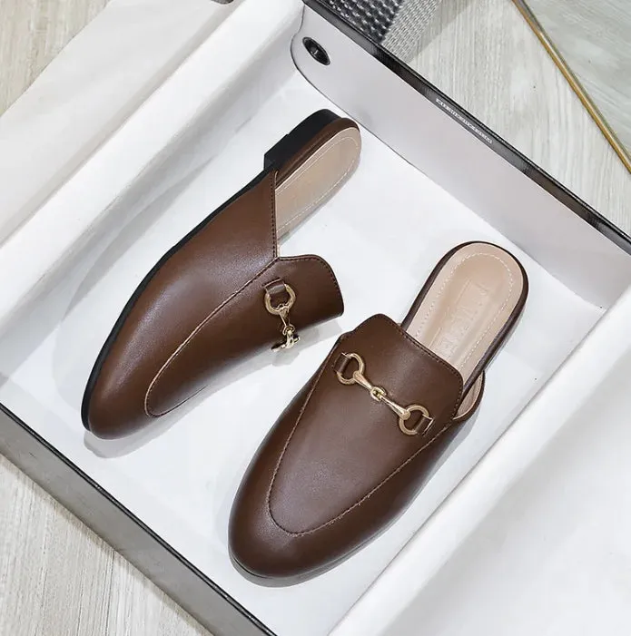 Women's British And European Style Mules Closed Toe Metal Chain Slippers Flat Outdoor Shoes In Brown White Black Round Toe 44 35