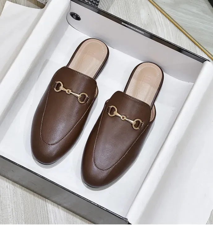 Women's British And European Style Mules Closed Toe Metal Chain Slippers Flat Outdoor Shoes In Brown White Black Round Toe 44 35