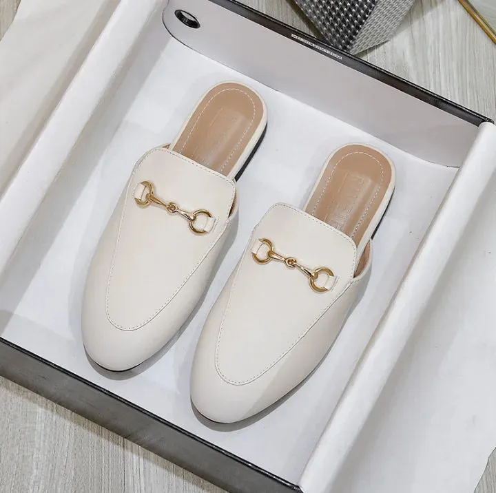 Women's British And European Style Mules Closed Toe Metal Chain Slippers Flat Outdoor Shoes In Brown White Black Round Toe 44 35