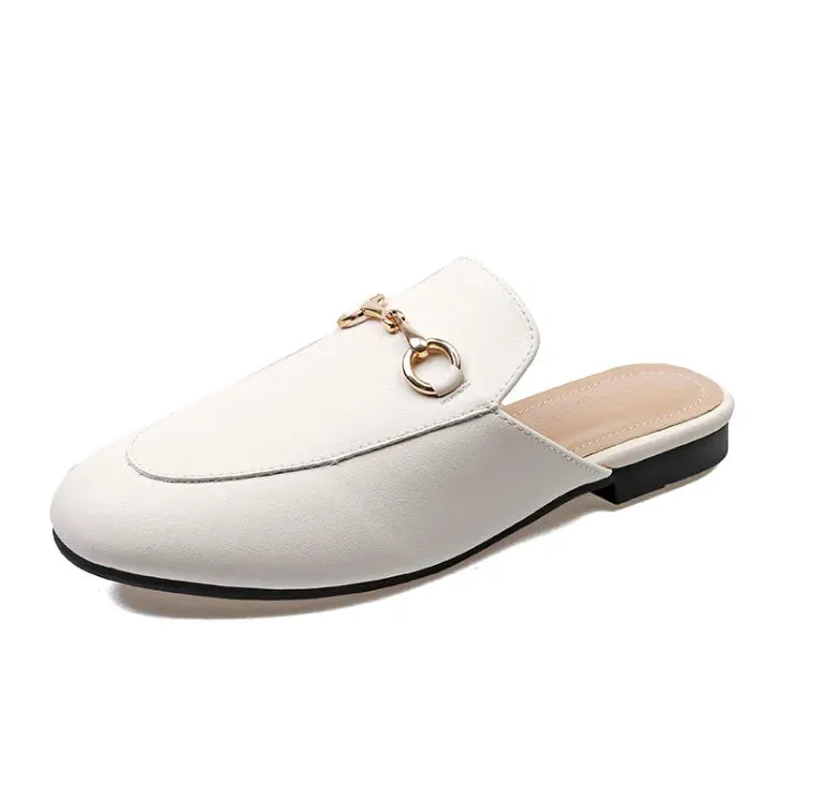 Women's British And European Style Mules Closed Toe Metal Chain Slippers Flat Outdoor Shoes In Brown White Black Round Toe 44 35