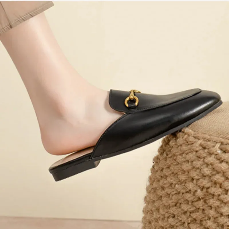 Women's British And European Style Mules Closed Toe Metal Chain Slippers Flat Outdoor Shoes In Brown White Black Round Toe 44 35