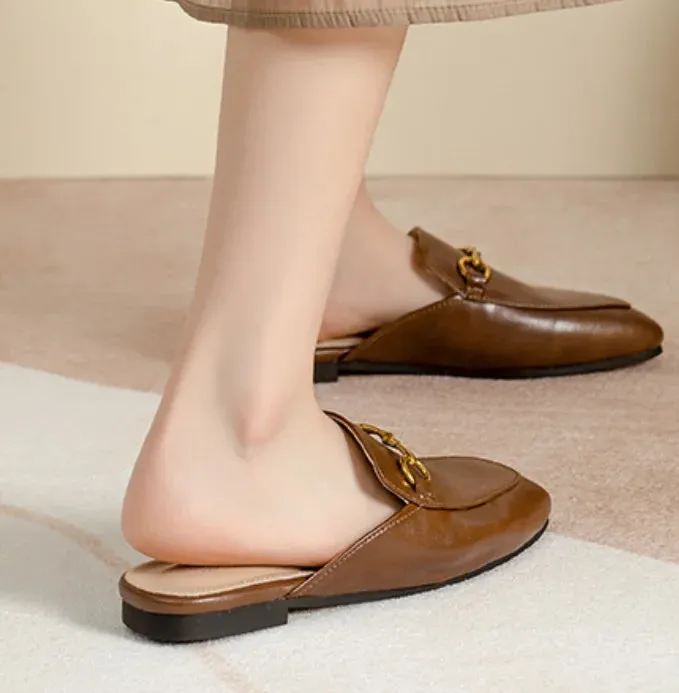 Women's British And European Style Mules Closed Toe Metal Chain Slippers Flat Outdoor Shoes In Brown White Black Round Toe 44 35