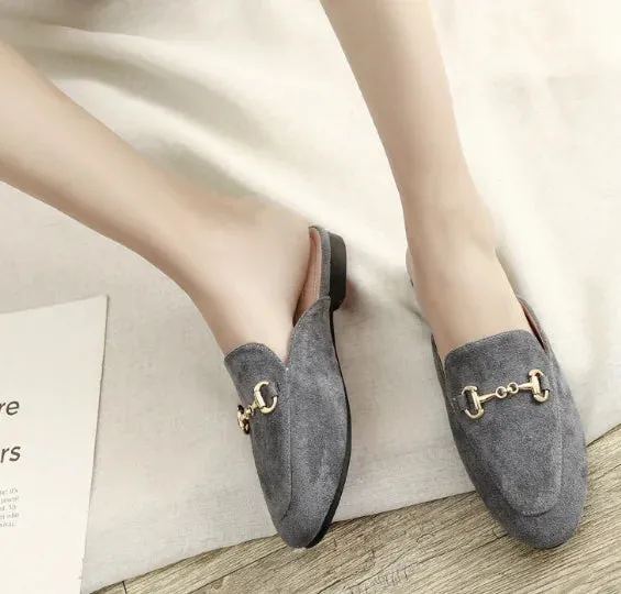 Women's British And European Style Mules Closed Toe Metal Chain Slippers Flat Outdoor Shoes In Brown White Black Round Toe 44 35