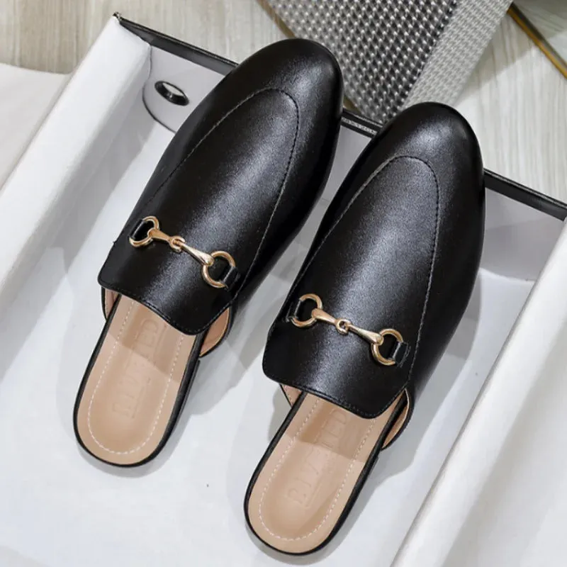 Women's British And European Style Mules Closed Toe Metal Chain Slippers Flat Outdoor Shoes In Brown White Black Round Toe 44 35