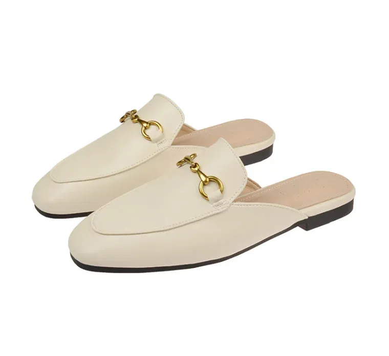 Women's British And European Style Mules Closed Toe Metal Chain Slippers Flat Outdoor Shoes In Brown White Black Round Toe 44 35