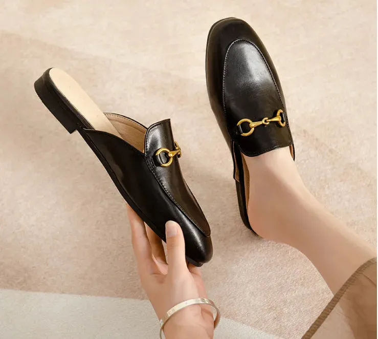 Women's British And European Style Mules Closed Toe Metal Chain Slippers Flat Outdoor Shoes In Brown White Black Round Toe 44 35