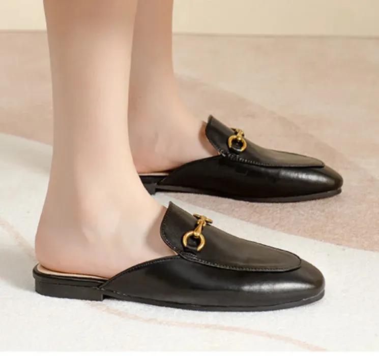 Women's British And European Style Mules Closed Toe Metal Chain Slippers Flat Outdoor Shoes In Brown White Black Round Toe 44 35