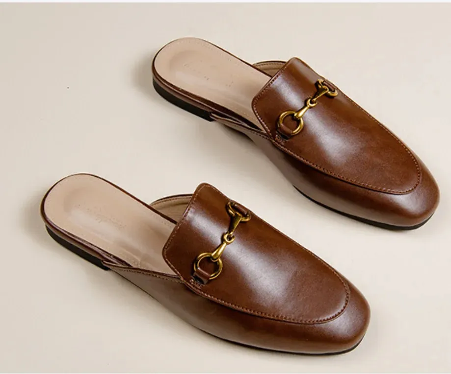 Women's British And European Style Mules Closed Toe Metal Chain Slippers Flat Outdoor Shoes In Brown White Black Round Toe 44 35